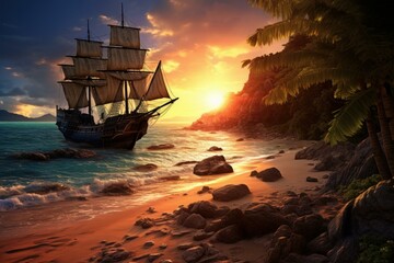 Obraz premium Mysterious Pirate ship at beach. Sea tropical island. Generate Ai