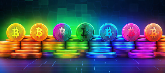 Gold bitcoin coin crypto trading investment success abstract art neon background concept banner