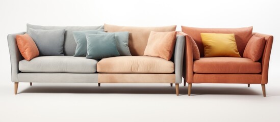 Two couches are positioned next to each other, each with a unique design and color. The sofas appear comfortable and ready for relaxation.