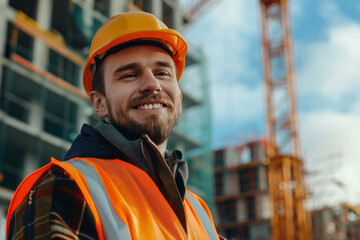 Portrait of a smiling construction worker in safety uniform and hard hat with construction background. AI generative - obrazy, fototapety, plakaty