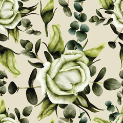 Elegant greenery roses flower watercolor seamless pattern