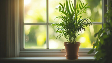 A potted plant sits elegantly on a window sill, bringing natural beauty indoors. AI generative creativity enhances the serene atmosphere.