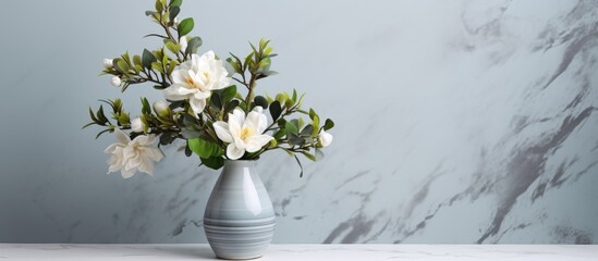 A ceramic vase with white flowers sits atop a light grey marble table in a stylish interior home design. The beautiful floral arrangement adds a touch of elegance to the room.