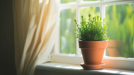 A potted plant sits elegantly on a window sill, bringing natural beauty indoors. AI generative creativity enhances the serene atmosphere.