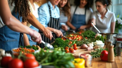 A group of friends in a sunlit kitchen preparing a fresh meal, emphasizing the farm-to-table culinary experience - obrazy, fototapety, plakaty
