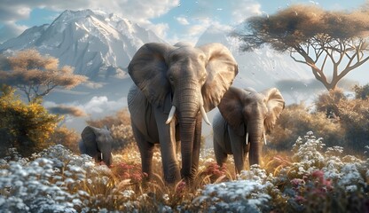 Group of African Bush Elephants Grazing in Golden Light - obrazy, fototapety, plakaty