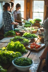 A hands-on cooking class with individuals preparing various fresh vegetables on a wooden table in a cozy home kitchen..