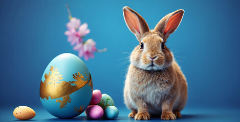 Fototapeta na wymiar cute bunny standing next to eggs, easter day, on light blue background