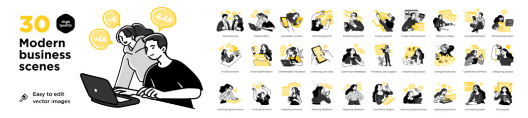 Naklejka premium Business Concept illustrations. Mega set. Collection of scenes with men and women taking part in business activities. Vector illustration