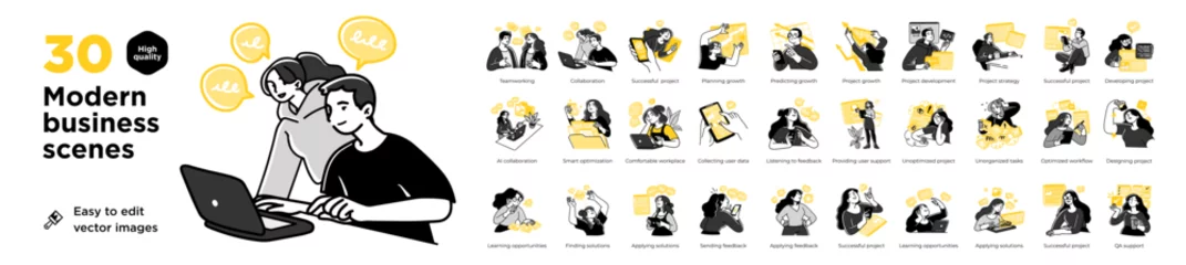 Foto auf Alu-Dibond Höhenskala Business Concept illustrations. Mega set. Collection of scenes with men and women taking part in business activities. Vector illustration