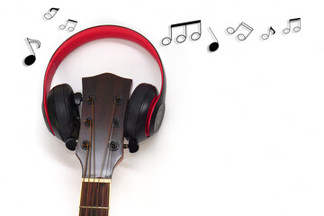 Acoustic guitar, headphones and music notes on a white background. Love and music concept.
