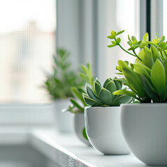 Capture the beauty of nature indoors with close-up shots of green plants on a white window sill. AI generative.