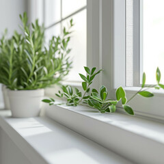 Elevate your e-commerce platform with real photography showcasing green plants on a white window sill. AI generative.