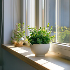 Discover the allure of simplicity with close-up shots of green plants on a white window sill. AI generative.