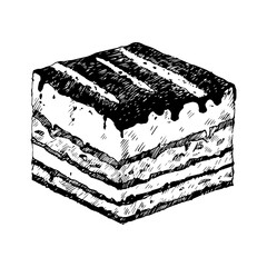 Tiramisu. Piece of sweet homemade cake, hand drawn sketch, vector illustration  - 754996276