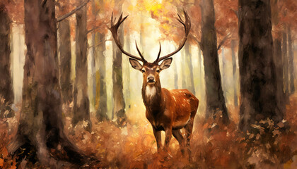 Deer in forest tree with high textured painting canvas
