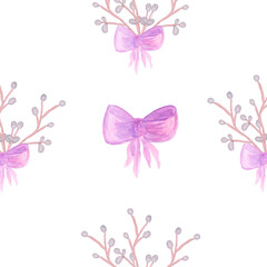 seamless pattern watercolor drawing willow branches tied with a purple bow
 and a large ribbon bow isolated on a white background Easter creativity