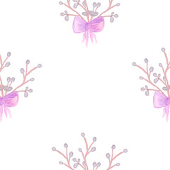 seamless pattern watercolor drawing willow branches tied with a purple bow
 isolated on white background easter creativity
