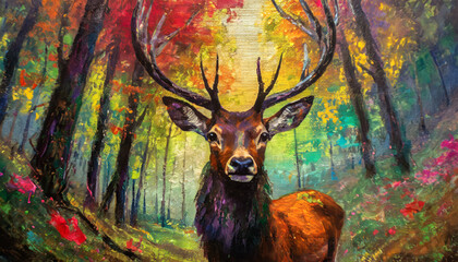 High textured painting canvas on Deer in forest tree