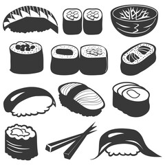 Silhouette Sushi dish collection set black color only - obrazy, fototapety, plakaty