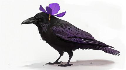 Fototapeta premium a drawing of a black bird with a purple flower on it's head and wings on it's head.