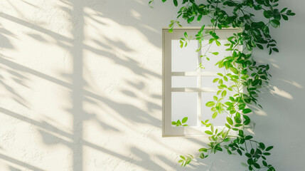 Professional studio photography of a cozy white window with green leafs, perfect for spring season. AI generative.