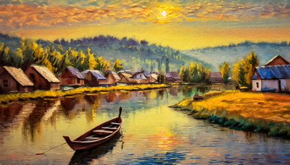 Village high textured paintings canvas on beautiful landscape with a river