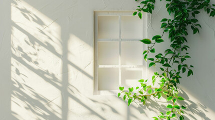 Close-up of cozy white window adorned with green leafs, captured in spring season. Award winning studio photography. AI generative.