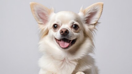 Portrait of White long coat chihuahua dog on grey background