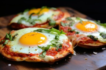 Cheesy Pizza fried egg. Food table. Generate Ai