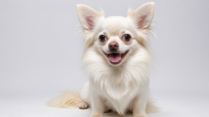 Portrait of White long coat chihuahua dog on grey background