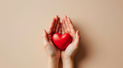 Female hands hold red heart on trendy beige background. Health care concept. AI generative.
