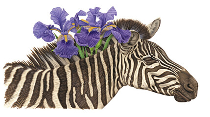 a drawing of a zebra with purple flowers on it's back and a zebra's head in the background.