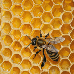 Detailed view of queen bee on hexagonal honeycomb. Vital for pollination. AI generative.