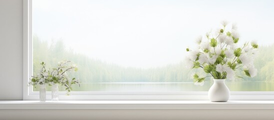 Fototapeta na wymiar A clear vase filled with colorful flowers sits on a wooden window sill in a white room, with a view of a summer landscape outside the window. The flowers brighten up the space,