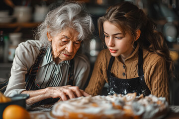 Fototapeta premium Elderly woman and young girl closely engaged in baking together with focus on a homemade pie