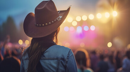 Young American woman fan of country music attending a country music concert. Back view of a woman wearing a cowboy hat and copy space for text or logo.