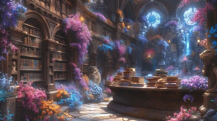 a library filled with lots of books and lots of pink and blue flowers next to a statue of a bear.