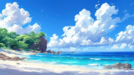 a painting of a beach with a cliff in the background and a blue ocean in the foreground with white clouds in the sky.
