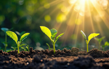 Wide panoramic view of seedling emerging from rich soil into morning sunlight, ecology concept. AI generative.