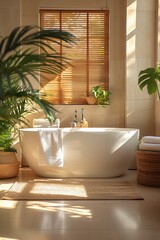 Fototapeta premium Luxury modern interior of bathroom with green houseplants