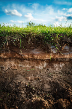 Soil Cross Section with Emerging Seedlings. Detailed cross-section of fertile soil layers with plants emerging, the layer of earth and roots.