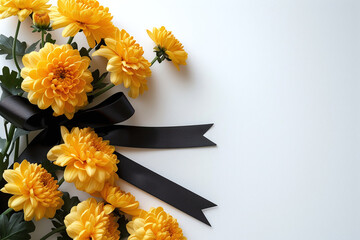 Beautiful chrysanthemum flowers and black ribbon on white background, condolence card with copy space for text