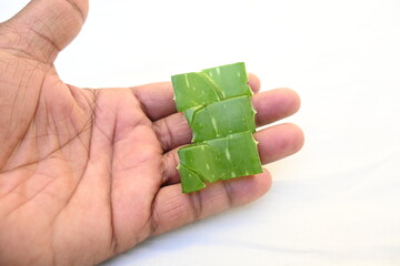 Aloe vera slices. Many Ayurvedic medicines are made using its juice. Its make topical...