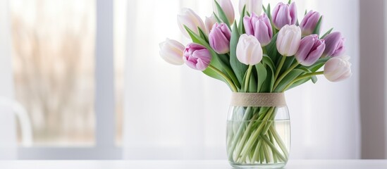 A glass vase filled with a bouquet of purple and white tulips sitting on a table, against a neutral beige background. The tulips are vibrant and fresh, bringing a pop of color to the room.