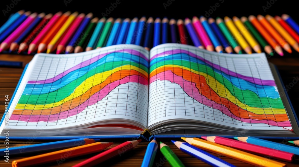 Poster a book of colored pencils on a table with a book of colored pencils on the table next to it.