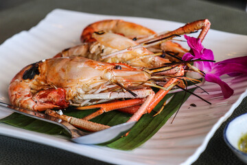 Grilled prawns in a white plate