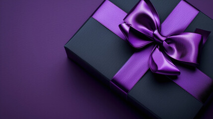 Decorative black gift box with satin purple bow and long ribbon. Celebration, occasions day text. Copy space for your text. Top view