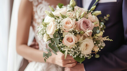 Wedding bouquet of white and pink roses and with newlywed couple