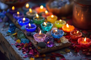 Burning candles in the colors of the chakras. Relaxation.